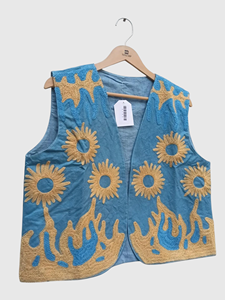 Chaleco Azul Bordado para Mujer, Estilo Bohemio, Sin Mangas, Hecho a Mano, con Logotipo Decorativo en la Espalda, Sin Cuello - Product Image 1