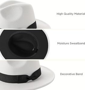 Sombrero Fedora de Lana Blanca con Cinta Negra, Ala Ancha, Estilo Formal Unisex para Primavera/Verano, Uso Casual - Product Image 5
