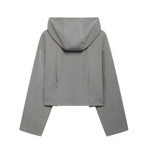 Veste courte à capuche décontractée ample en tissu respirant écologique vintage automne/hiver avec fermeture éclair et couleur unie - Product Image 2