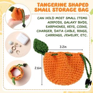Handmade 2 Pcs <b>Cute</b> Tangerine Shaped Coin <b>Purses</b> Small Crochet Storage Drawstring Change Pouches Woven Knitting Wallets - Product Image 2