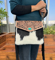 Meilleure vente sac à bandoulière en cuir de vachette à franges usiné à la main pour femme Western Hair On & véritable cuir Turquoise Stone Purse