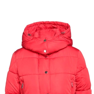 Women's Red Quilted Bubble Style Hooded Jacket Full Sleeve Winter Coat Zipper Closure Regular Length Polyester Wadding <b>Fur</b> <b>Trim</b> - Product Image 3
