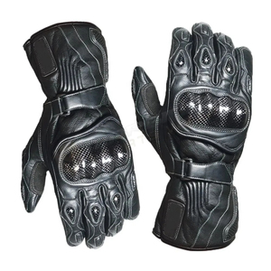 Gants de moto en cuir noir à doigts entiers avec paume en mesh et fermeture auto-agrippante - Product Image 1