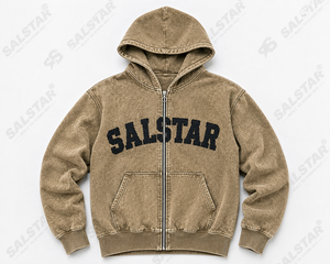 เสื้อแจ็คเก็ตฮู้ดดี้เดนิมสีกากีวินเทจสำหรับผู้ชาย สไตล์ลำลอง สตรีทแวร์ ทรงโอเวอร์ไซส์ ซิปหน้า พร้อมปักโลโก้ได้ - Product Image 3