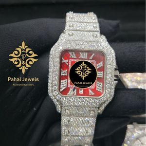 นาฬิกาข้อมือผู้หญิง Pahal Jewels หรูหรา สแตนเลสสตีล หน้าปัดสี่เหลี่ยม ควอตซ์ ขอบเพชร หน้าปัดสีแดง ขนาด 40 มม. สาย 16 มม. นาฬิกาแฟชั่นแบบอนาล็อก - Product Image 1