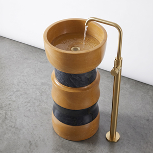 Lavabo de salle de bain moderne en pierre, sur pied, en marbre naturel jaune et noir - Product Image 1