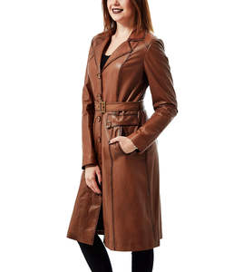 Abrigo de Cuero Kivotech, Estilo Gabardina, Color Marrón, Piel de Oveja, con Cinturón y Peluche, Largo, para Mujer, Otoño Invierno, 100% Cuero - Product Image 5