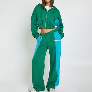 Women's Green Blue Color Blocking Cropped Hoodie Tracksuit Full <b>Zip</b> Loose Fit Casual Wear With Side Pockets - Product Image 1