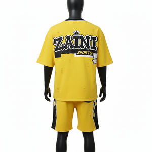 ชุดเสื้อยืดและกางเกงขาสั้นผู้ชาย ผ้าคอตตอนเจอร์ซีย์คุณภาพสูง เนื้อผ้าถักหนา ลายเปลวไฟสีเหลือง กางเกงขาสั้นแบบมีแผ่นผ้า  รับสกรีนโลโก้ - Product Image 2