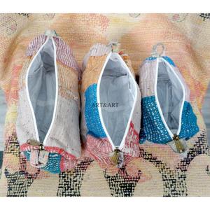 Indian Kantha Hand Block Print Cotton Cosmetic Bag Set with Tassel Zipper Closure Vintage Style-Women's Travel <b>Makeup</b> Pouch bag - Product Image 5