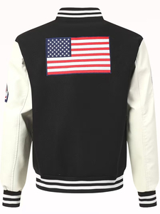 Chaqueta Varsity Negra para Hombre con Parche de Bandera Americana y Bordado de la Letra S, Estilo Preppy, Mezcla de Algodón y Poliéster, para Otoño - Product Image 2