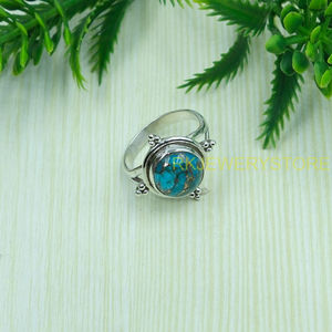 Bague Bohème Faite à la Main en Argent Sterling 925 avec Cabochon Rond en Turquoise Cuivre Bleu Naturel pour Femme, Bijou Vintage avec Pierre Précieuse - Product Image 5