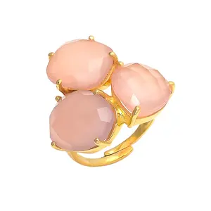 925 Sterling Silver Pink Chalcedony Dangle Rings Handmade Women Fine Jewelry Gold Plated Dual Pink Chalcedony Rings