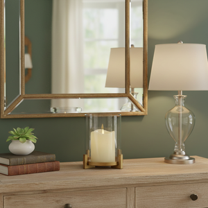 Porte-bougie moderne en métal doré, cylindre en verre, support élégant et minimaliste pour bougies pilier, idéal pour la décoration intérieure, les mariages et Noël - Product Image 2