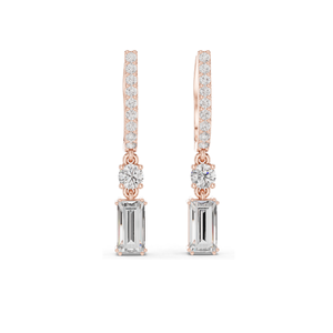 Pendientes de Oro Rosa con Diamantes en Corte Esmeralda y Piedras Laterales Redondas Brillantes para Mujer, Venta al Por Mayor - Product Image 1