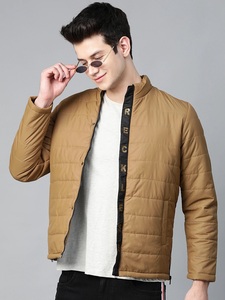 Men's Brown Puffer Jacket Stand Collar Zipper Front Casual Autumn Wear Solid Color Slim Fit Windproof Polyester Wadding - Product Image 4