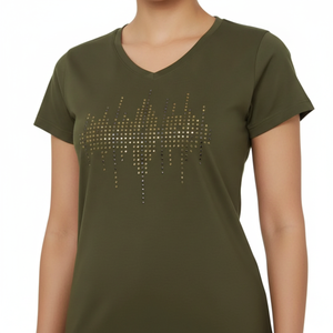 Camiseta Verde Oliva con Cuello en V para Mujer, con Diseño de Ondas Sonoras con Pedrería Dorada - Camiseta Casual de Verano de Manga Corta y Corte Ajustado - Product Image 1