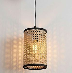 Lámpara Colgante Cilíndrica de Ratán E27 LED 2700K Blanco Cálido para Sala de Estar, Lámpara de Techo con Marco Negro - Product Image 5