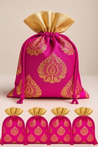 Handcrafted Cotton Metallic Gold Leaf Pattern Potli Shape Festive Favor <b>Bags</b> Elegant Indian Style Wedding Gifts Packaging Pouch - Product Image 2