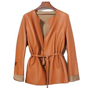 Elegante abrigo de cuero genuino para mujer Draw Back cuello redondo plisado cinturón caramelo chaquetas Streetwear - Product Image 4