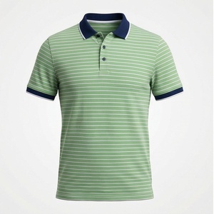 Polo en tricot rayé pour homme, manches courtes, décontracté, vert avec col et poignets marine - Product Image 1