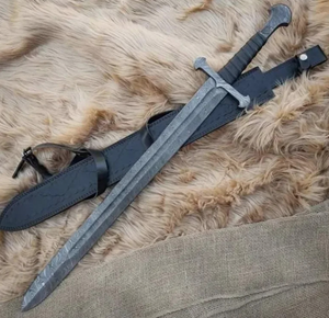 Espada Medieval de Acero de Damasco Pulido a Mano de Doble Cara, Pieza Coleccionable con Funda de Cuero |   Accesorio de Cosplay de Fantasía - Product Image 1