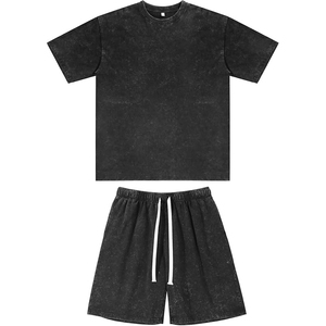 Men High Quality Acid Wash Cotton Summer <b>Set</b> T Shirt Shorts Casual Loose Fit Matching Outfit - Product Image 2