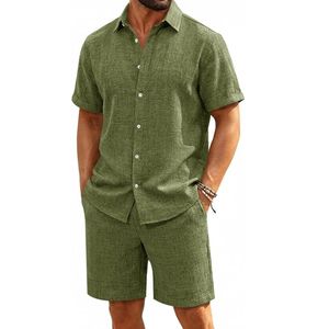 Ensemble 2 pièces pour homme, manches courtes, chemise boutonnée décontractée en lin et short, tenue de plage estivale - Product Image 1