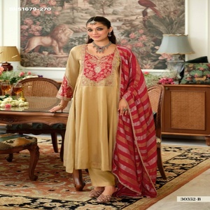 Conjunto de Anarkali de Alta Calidad con Bordado Kanjivaram en Viscosa, Manga Larga, para Todas las Temporadas, con Pantalón y Dupatta con Patrón de Rayas - Product Image 1