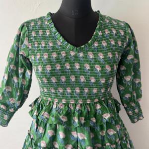 Womens 100% Cotton Hand <b>Block</b> <b>Print</b> Bobbin Dress Knee Length Smocked Boho Dress Tiered Summer Dress hand <b>block</b> pure cotton dress - Product Image 3