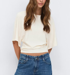Camiseta Corta Blanca para Mujer, Estilo Holgado, Hombros Caídos, Manga Corta, Cuello Redondo, Color Sólido, Algodón Jersey, Transpirable - Product Image 2