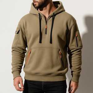 Sudadera con capucha y media cremallera para hombre, con bolsillos funcionales y color liso |   Sudadera Informal Estilo Streetwear |   Suéter Cálido de Invierno, Servicio OEM - Product Image 1