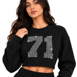 <b>Women</b> Rhinestone Cropped Hoodie Cargo <b>Pants</b> Set, Custom Streetwear Tracksuit, Sparkle Crystal <b>Sweat</b> Suit for Wholesale - Product Image 4