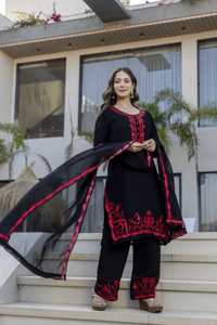 Designer Embroidery Work Blooming Georgette Black <b>Kurti</b> With Pant And Blooming Georgette Dupatta Set - Product Image 2