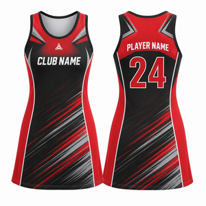 Uniforme de Netball Personalizado para Mujer, Sin Mangas, Rojo, Negro y Blanco, Impresión por Transferencia de Calor, Transpirable, 100% Poliéster, Fusión sin Costuras, para Adultos - Product Image 1