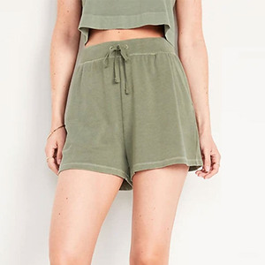 Luxury Branded Women's Olive Green High Waist Knitted Shorts With <b>Drawstring</b> Loose Fit Casual Solid Color Breathable Fabric - Product Image 1