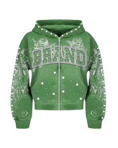 Custom Hoodies <b>Jacket</b> Zipper Gemstone Glitter Sun Faded Embroidery Vintage Distressed Acid Wash Diamond <b>Rhinestone</b> Hoodie - Product Image 2