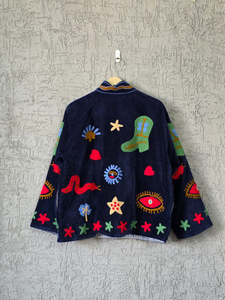 100% Cotton <b>Knitted</b> Bomber Jacket Hand Embroidery Floral & <b>Animal</b> Print Snake Navy Jacket <b>Pattern</b> Women's Fashion Outerwear - Product Image 2