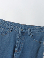 Jean large bleu taille haute pour femme avec chaîne de perles et strass, coupe ample, style streetwear