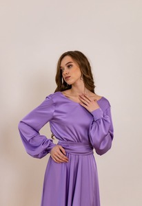 Robe longue en satin violet pour femme, manches longues, fente haute, ceinture à la taille, élégante, pour soirée, cérémonie, mariage, invitée - Product Image 2