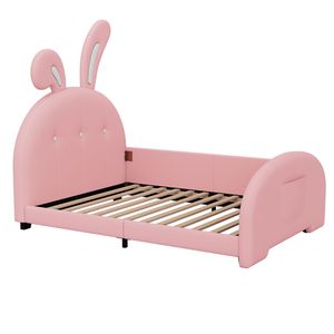 Twin Size Pink <b>Rabbit</b> Shape Princess <b>Bed</b> Upholstered Platform <b>Bed</b> with Headboard and Footboard for Kids Old SKU WF311629AAH - Product Image 4
