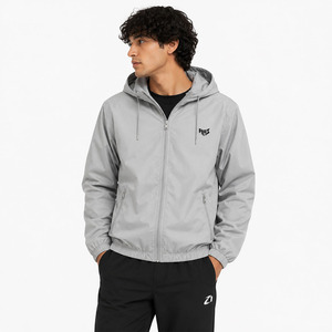OEM Lightweight Grey Hooded Windbreaker <b>Jacket</b> Custom Logo Water Resistant Outerwear Private Label Men's <b>Jackets</b> Manufacturer - Product Image 1
