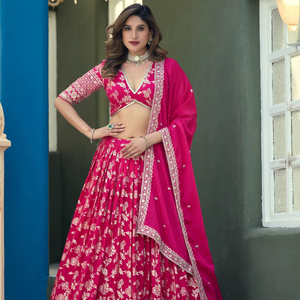 Magenta Dola Silk Semi-<b>Stitched</b> Lehenga Choli with Heavy Embroidery Work Modern Design for Party Wedding & Diwali Occasions - Product Image 1