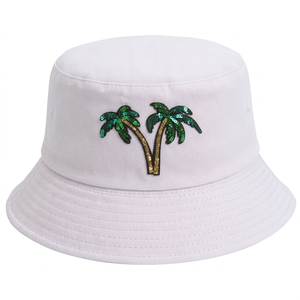 Bob personnalisé rose et vert pour sororité avec broderie de palmier à sequins sur le panneau avant, style unisexe décontracté pour la plage, le printemps et l'été, pour adultes - Product Image 2