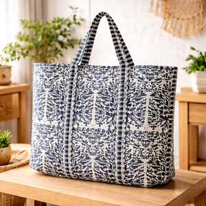 Blue Floral Print Zipper Closure Large Capacity Waterproof Eco-Friendly Women's <b>Boho</b> Style Shoulder Strap Tote <b>Bag</b> - Product Image 1