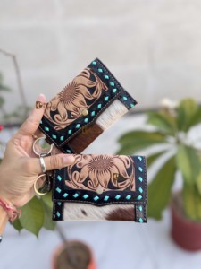 Western Hair on Cowhide Leather New Hand Tooled Carving <b>Small</b> Wristlet Coin <b>Purse</b> Multi Uses Mini Wallet for <b>Women</b> Western Gifts - Product Image 1