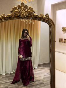 Pantalon Sahara artisanal moderne ethnique en velours de viscose épais et à sequins, fluide en faux georgette, pour l'hiver et l'automne, idéal pour les fêtes - Product Image 2