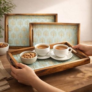 <b>Retro</b> Wooden Decorative Tray Embossed Pattern Serving Platter with Handles for Wedding Dining Table <b>Decor</b> - Product Image 2