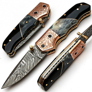 Custom OEM Handmade Damascus Straight Camping Folding <b>Knife</b> Camel <b>Bone</b> Buffalo Horn <b>Handle</b> Engraved Pocket <b>Knife</b> Leather Sheath - Product Image 1