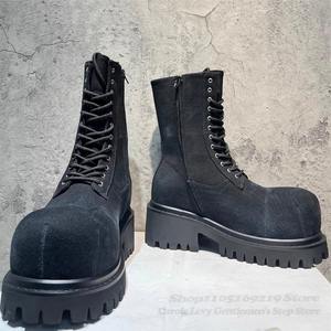 Botas Chelsea de hombre casuales con punta ancha, de mezclilla, suela gruesa, aumento de altura, con cordones, estilo británico, caña alta, para invierno - Product Image 2